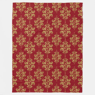 Gold & Burgundy Vintage Floral Ornament Pattern Fleece Blanket
