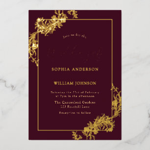 Gold Burgundy Vintage Frame Wedding Real  Foil Invitation
