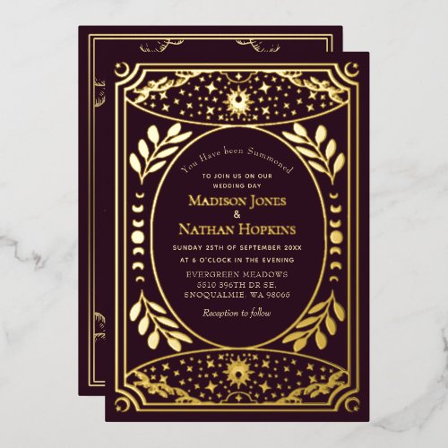 Gold & Burgundy Vintage Tarot Gothic Wedding Foil Invitation