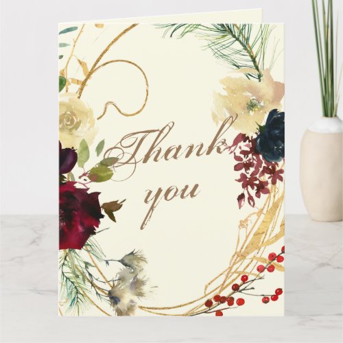 Gold Burgundy Watercolor Floral Wreath Wedding Thank You Card