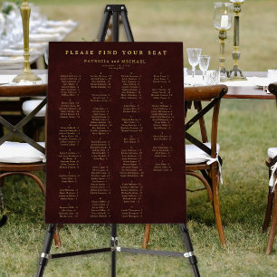 Gold burgundy wedding alphabetical seating chart foam board