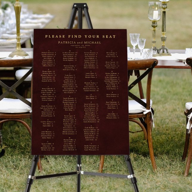 Gold burgundy wedding alphabetical seating chart foam board (Creator Uploaded)