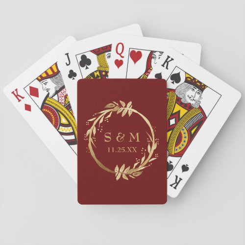 Gold Burgundy Wedding Couple Monogram Initials Poker Cards