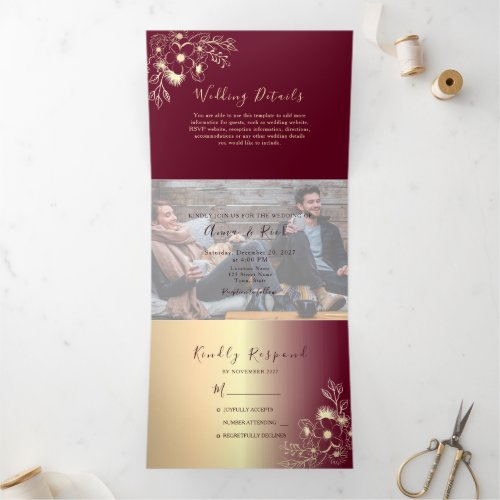 Gold Burgundy Wedding Tri_Fold Invitation