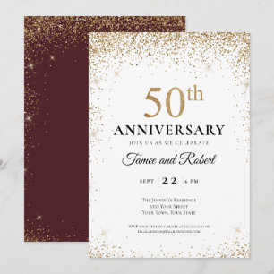 Gold Burgundy White 50th Wedding Anniversary  Invitation
