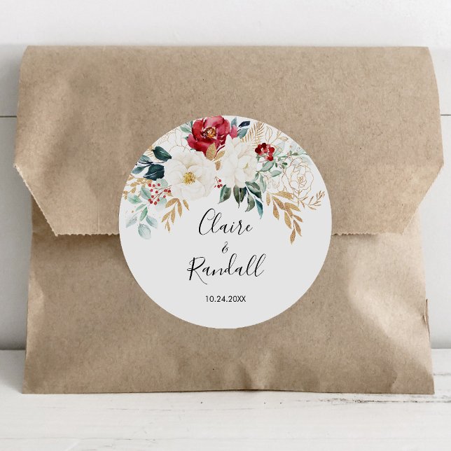 Gold Burgundy White Floral Classic Round Sticker (Creator Uploaded)