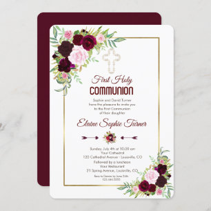 Gold Burgundy White Roses First Holy Communion Invitation