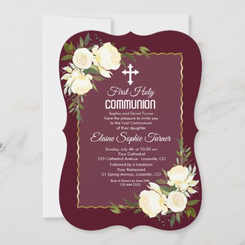 Gold Burgundy White Roses First Holy Communion Invitation