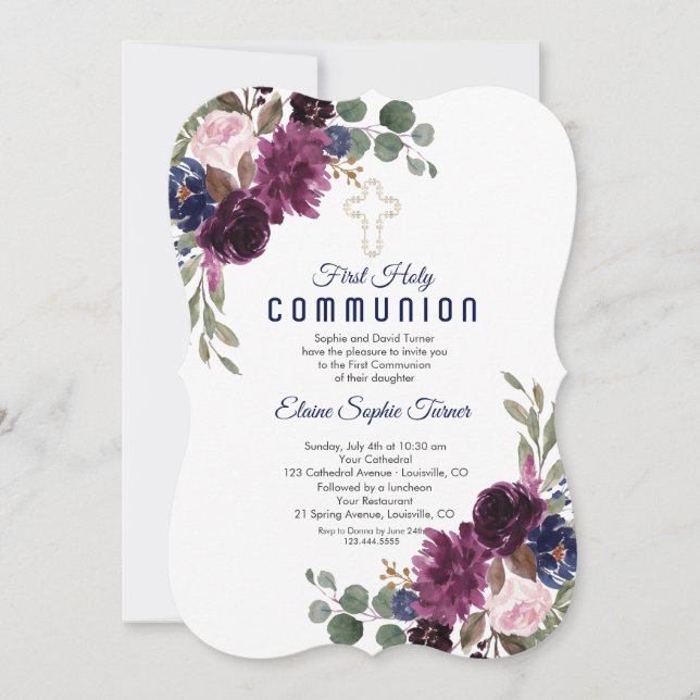 Gold Burgundy White Roses First Holy Communion Invitation (Front)