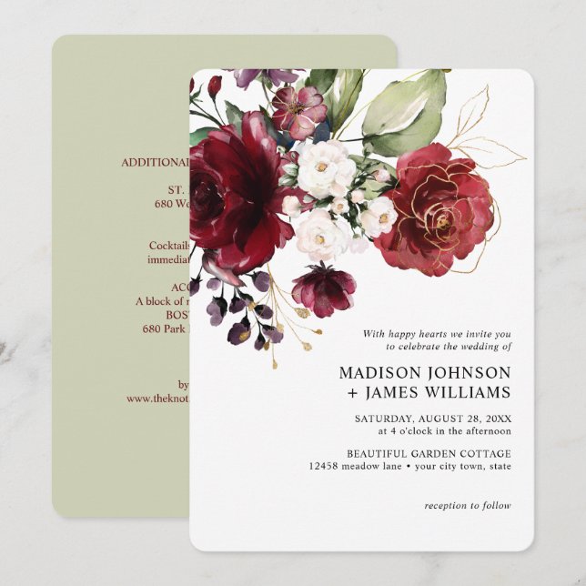 Gold Burgundy Wine Blush Floral Wedding w Details Invitation (Front/Back)