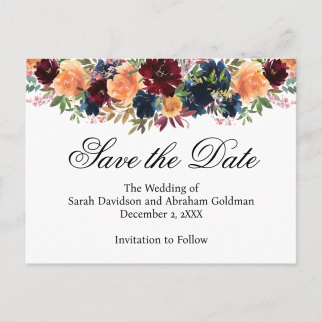 Gold Burgundy Wine Navy Blue Save the Date  Postcard (Front)