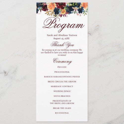 Gold Burgundy Wine Navy Floral Wedding Programs