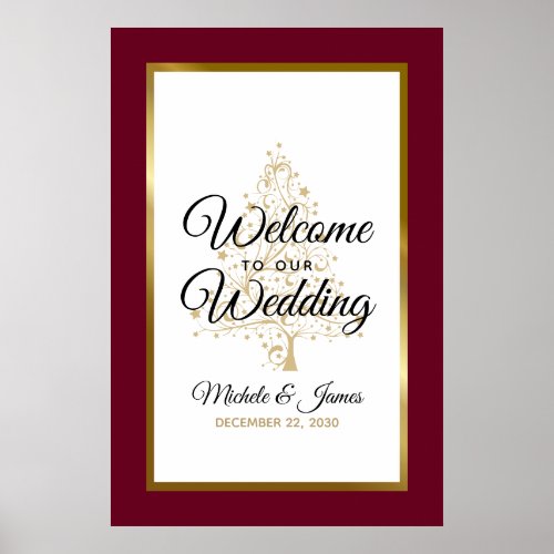 Gold Burgundy Winter Holiday Wedding Welcome Poster