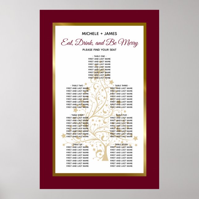 Gold Burgundy Winter Wedding Seating Chart (Front)