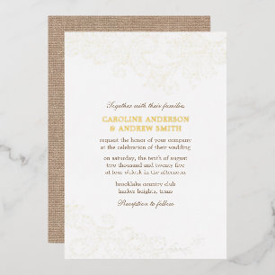Gold Burlap and Lace Rustic Glam Wedding Foil Invitation
