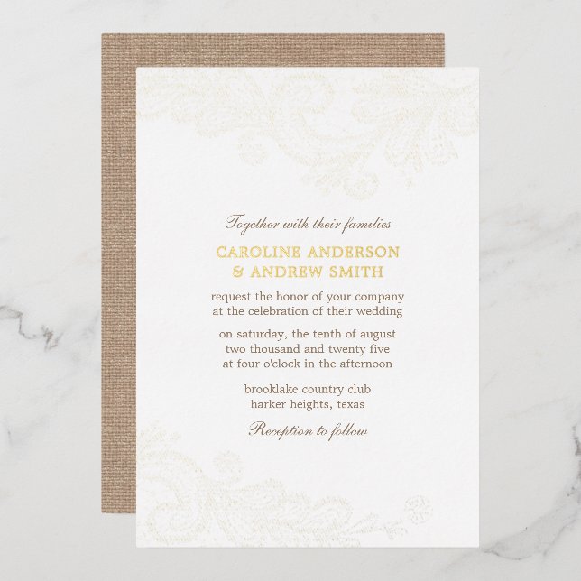Gold Burlap and Lace Rustic Glam Wedding Foil Invitation (Front/Back)