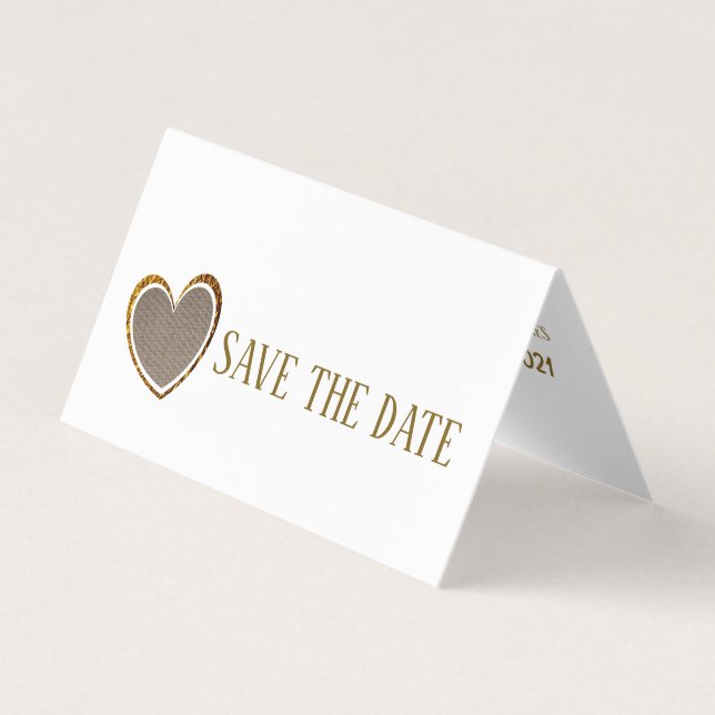Gold Burlap Heart, Photo Save The Date Card (Front)