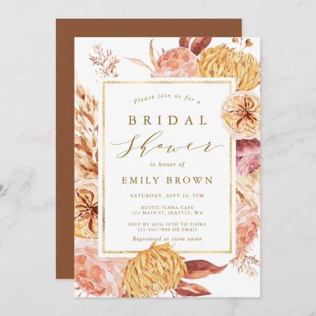Gold Burnt Orange Terracotta Flower Bridal Shower  Invitation (Front/Back)