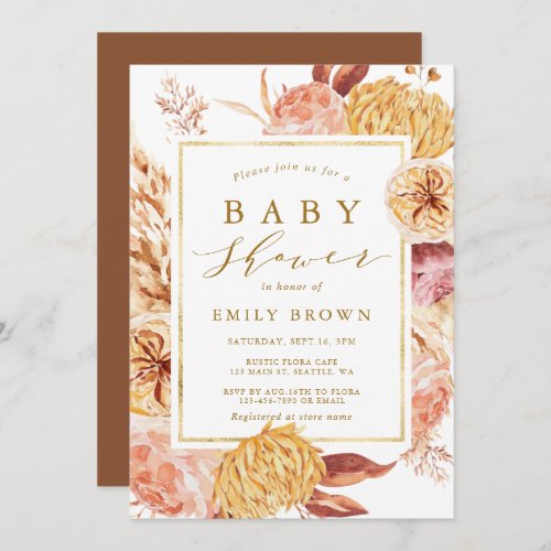 Gold Burnt Orange Terracotta Flowers Baby Shower   Invitation