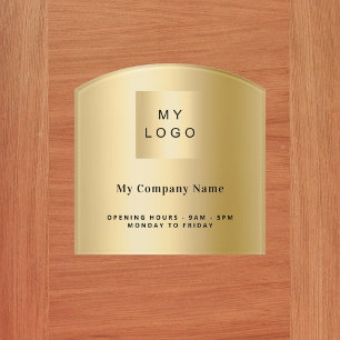 Gold business logo name opening hours door sign