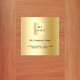 Gold business logo name opening hours door sign wall decal