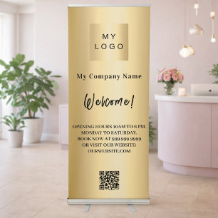 Gold business logo opening hours QR code Retractable Banner