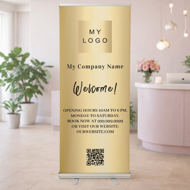 Gold business logo opening hours QR code Retractable Banner (Creator Uploaded)