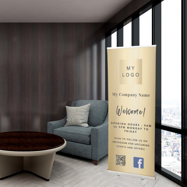 Gold business logo opening hours QR Facebook Retractable Banner (Creator Uploaded)