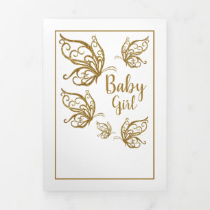 Gold Butterflies, 4 Photo Collage Baby Birth Tri-Fold Announcement