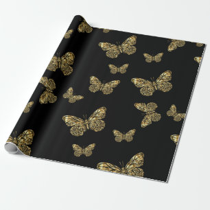 Gold Butterflies at black, cute Moth pattern Wrapping Paper