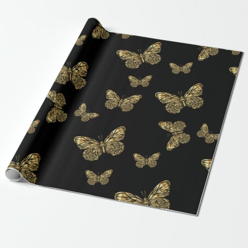 Gold Butterflies at black cute Moth pattern Wrapping Paper