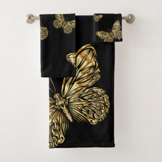 Gold butterflies at black, decorative pattern cute bath towel set