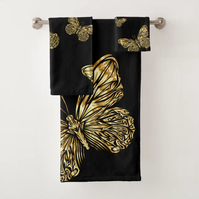 Gold butterflies at black, decorative pattern cute bath towel set Zazzle