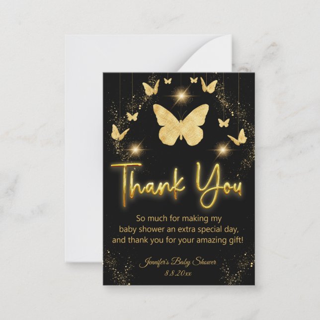 gold butterflies black thank you baby shower  note card (Front)