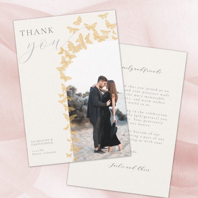 Gold Butterflies Boho Photo Arch Wedding Photo Thank You Card (gold butterflies boho arch wedding photo thank you card elegant modern romantic whimsical classy)