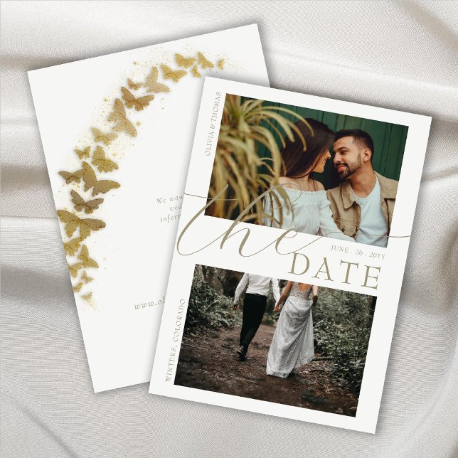 Gold Butterflies Boho Wedding 2 Photos Save Date Invitation (Creator Uploaded)