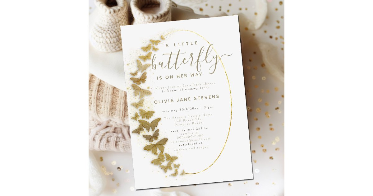 Gold Butterflies Elegant Boho Frame Baby Shower Invitation | Zazzle