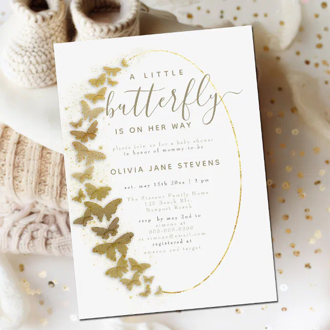 Gold Butterflies Elegant Boho Frame Baby Shower Invitation | Zazzle