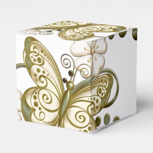 Gold Butterflies Floral Cube Favor Box (Front Side)
