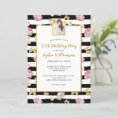 Gold Butterflies Floral Print Birthday Photo Party Invitation (Standing Front)
