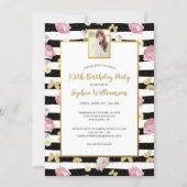 Gold Butterflies Floral Print Birthday Photo Party Invitation (Front)