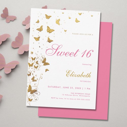 Gold Butterflies Garden Elegant Pink Girl Sweet 16 Invitation