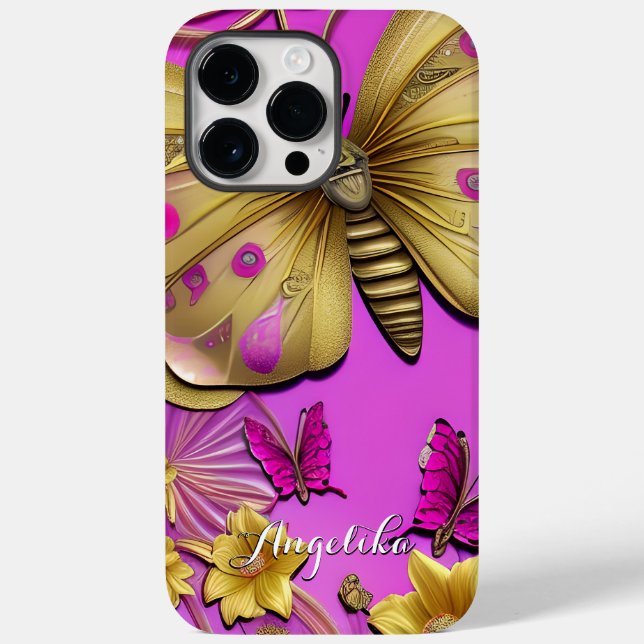 Gold Butterflies Hot Pink Personalized Name Case-Mate iPhone Case (Back)