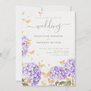 Gold Butterflies Hydrangea Rustic Elegant Wedding Invitation