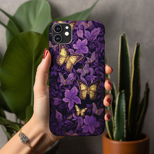 Gold Butterflies on Purple Flowers iPhone 13 Pro Max Case