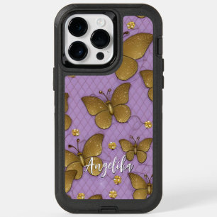 Gold Butterflies Personalized Name OtterBox iPhone 14 Pro Max Case