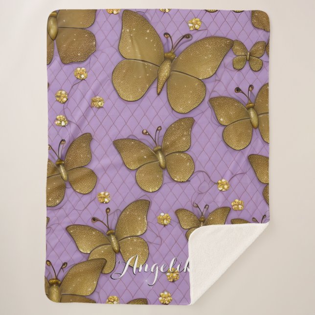 Gold Butterflies Personalized Name Sherpa Blanket (Front)