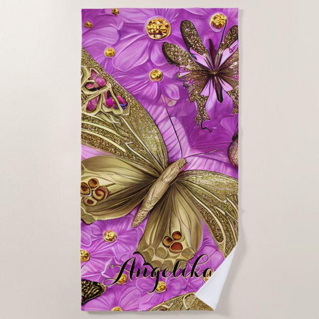 Gold Butterflies Pink Flowers Personalized Name Beach Towel (Front)