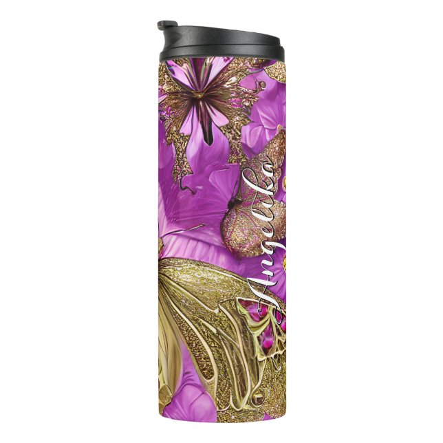 Gold Butterflies Pink Flowers Personalized Name Thermal Tumbler (Rotated Right)