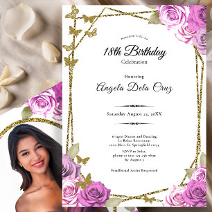 Gold Butterflies Pink Roses 18th Debut Birthday Invitation